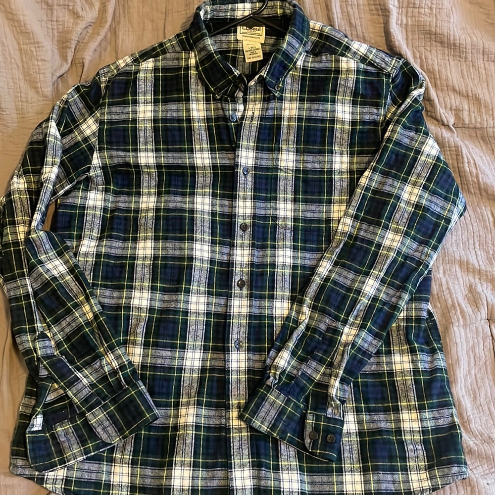 L.L.Bean Plaid Flannel Shirt- Men’s Large. Green, White, and Navy Blue
